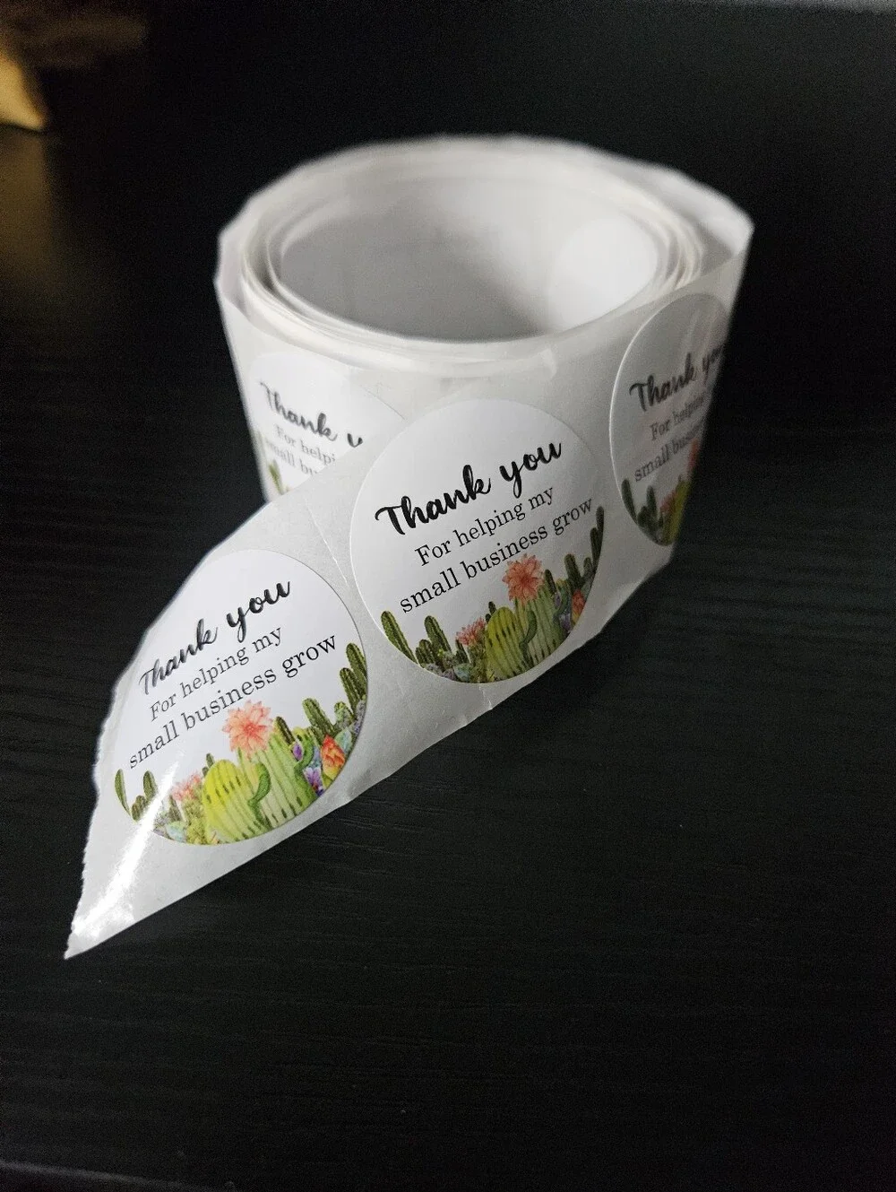 Thank You Cactus Sticker Roll - White Labels with Green Cactus Design